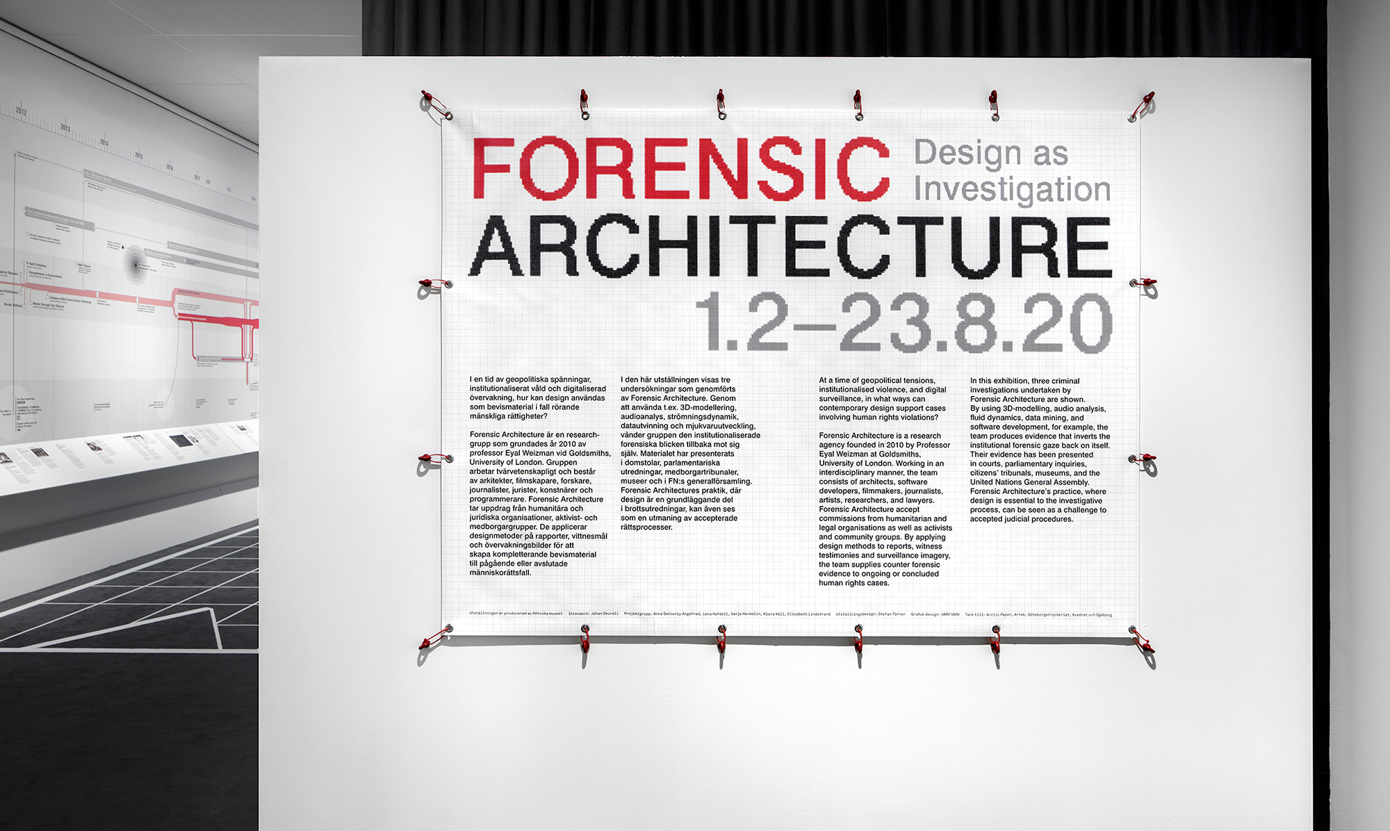 Forensic Architecture, white and red wall signage, text, Graphic design, Nicholas Bennett, Varv Varv