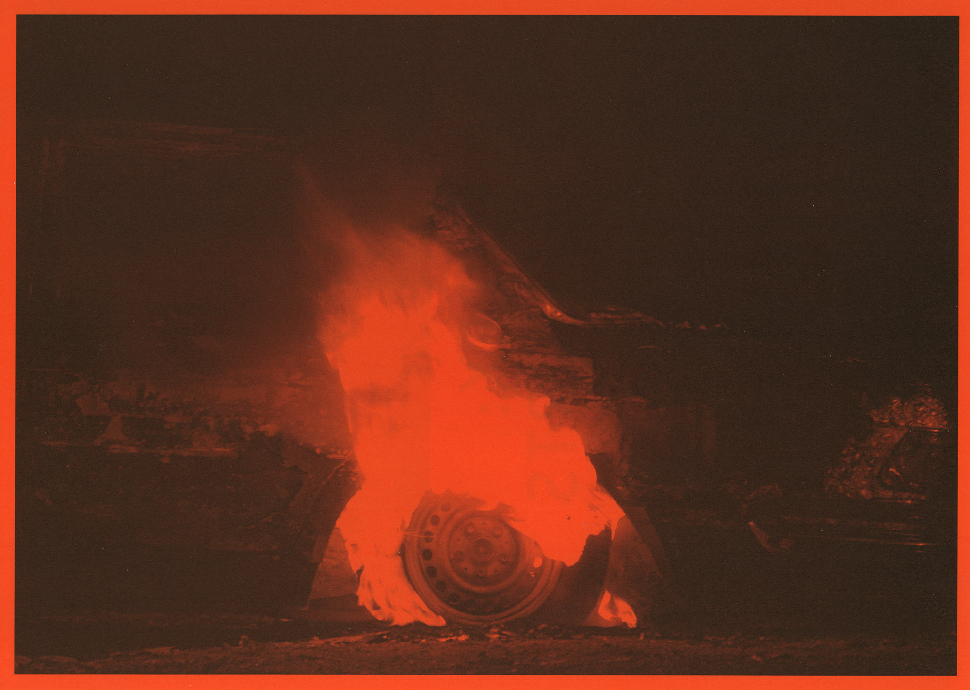 Orange and black image of car burning by Superflex, Tate Modern, Film, Nicholas Bennett, Design