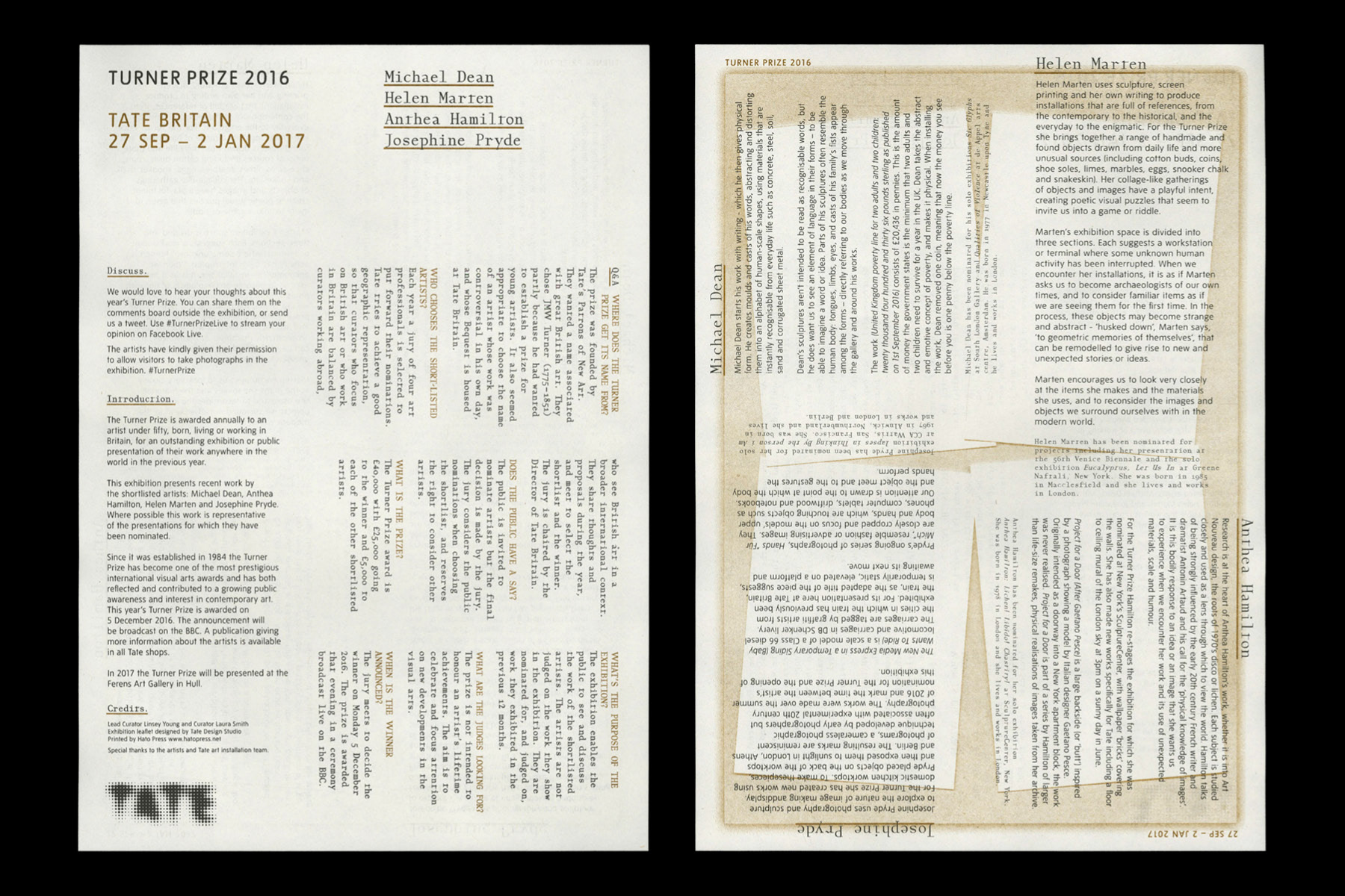 Turner prize printed flyer, risograph,  black and gold, gallery guide, design, nicholas bennett