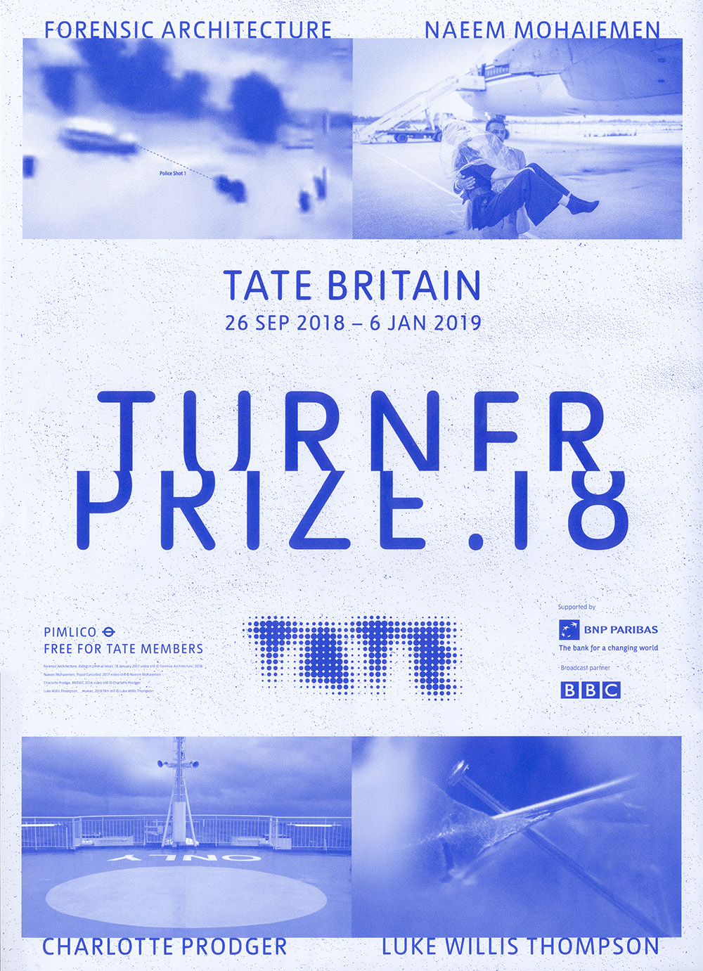 Turner Prize 2018 exhibition, Tate Britain, blue poster, graphic Design, Nicholas Bennett