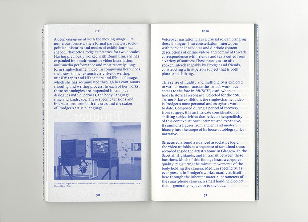 Turner Prize 2018, Blue book page, Tate Britain, graphic Design, Nicholas Bennett