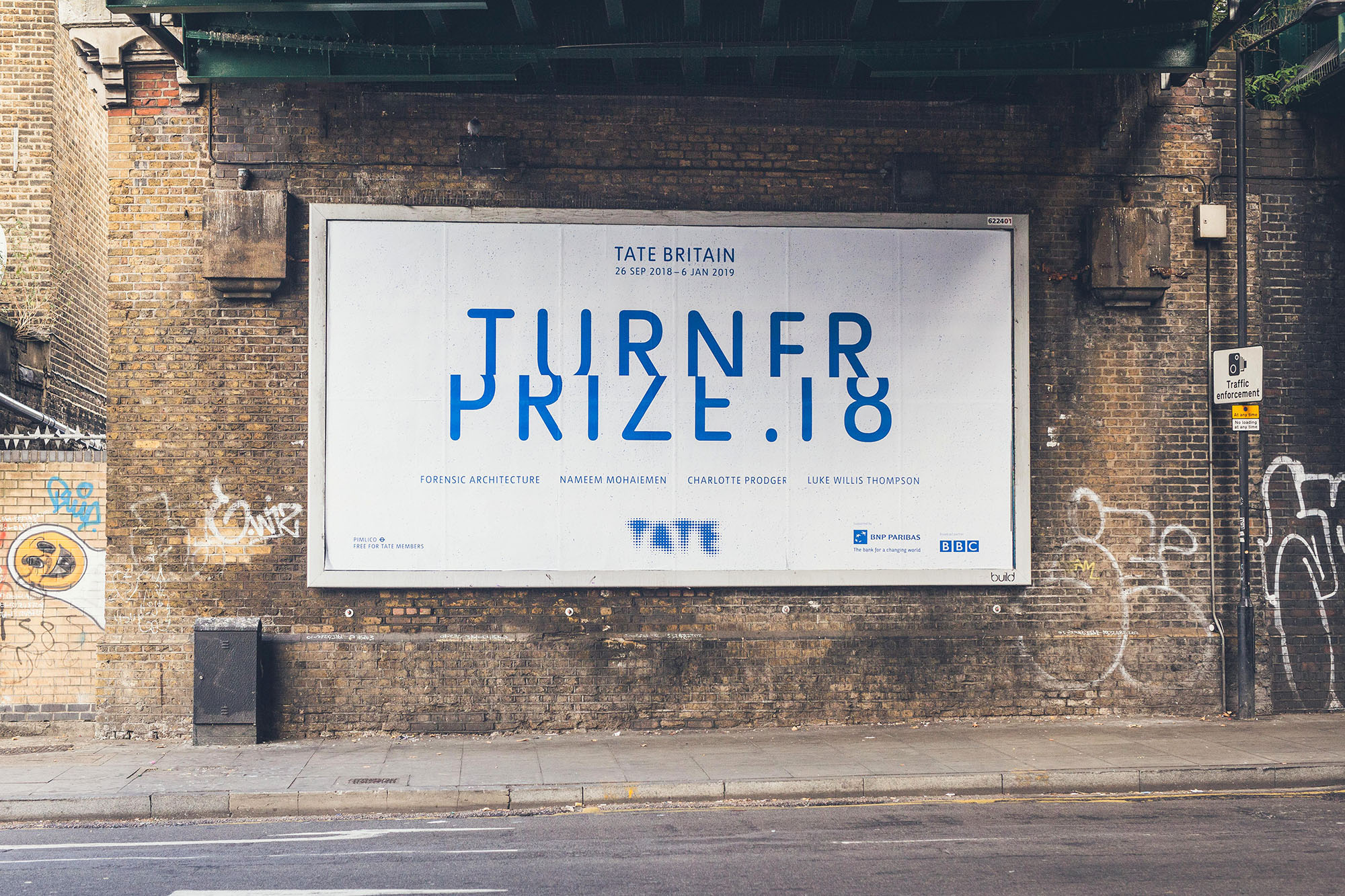 Turner Prize 2018, blue billboard poster, marketing, Tate Britain, graphic, Nicholas Bennett